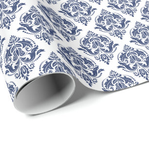 Blaue Vintage-Damaskusmuster auf Weiß Geschenkpapier