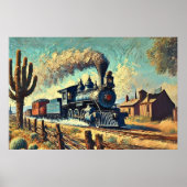 Blaue Vintage Dampfbahn in der Wüste, Eisenbahn Poster (Vorne)