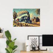 Blaue Vintage Dampfbahn in der Wüste, Eisenbahn Poster (Heimbüro)