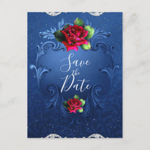 Blaue Vintage-Dekorations-Rosen in Rot - Save-the- Ankündigungspostkarte