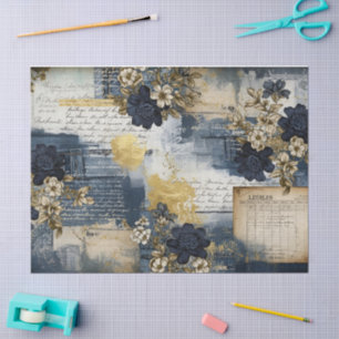 Blaue Vintage-Denim-Blumen-Decoupage-Druck Seidenpapier
