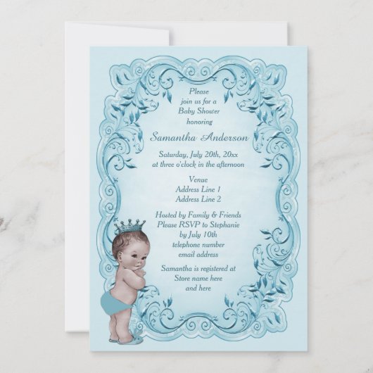 Blaue Vintage Dusche Prinz-Baby Einladung (Rückseite)