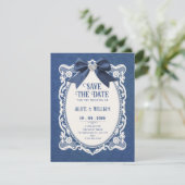 Blaue vintage elegante save the date (Stehend Vorderseite)