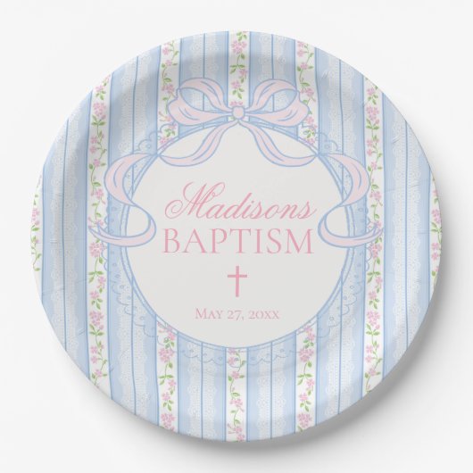 Blaue Vintage Fancy Florale Taufe Pappteller (Vorderseite)