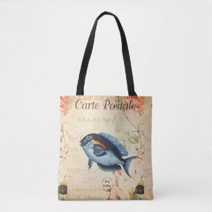 Blaue Vintage-Fisch-Französische Blumige Illustrat Tasche