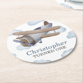 Blaue Vintage Fluggesellschaft Geburtstagspartei Runder Pappuntersetzer (Angewinkelt)