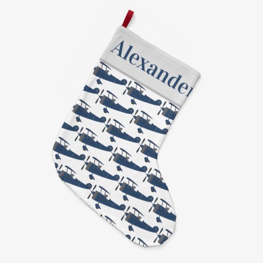 Blaue Vintage Flugzeuge mit Boy-Namen Großer Weihnachtsstrumpf (Vorderansicht (hängend))
