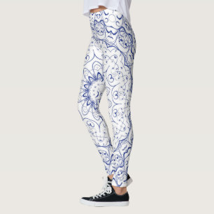 Blaue Vintage französische Spitze über Weiß Leggings