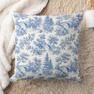 Blaue vintage-französische Toile-Waldlandschaft Kissen