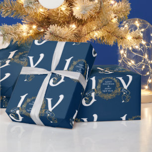 Blaue Vintage-Freude-Frieden-Liebe-Gold-Klassische Geschenkpapier