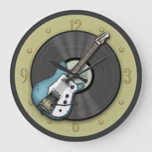 Blaue Vintage-Gitarre und Vinyl-Schallplatten-Wand Große Wanduhr