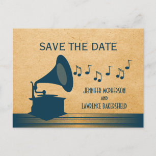 Blaue Vintage-Grammophon-Save-the-Date-Postkarte Ankündigungspostkarte