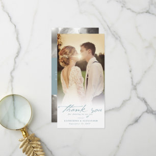 Blaue Vintage-Handschrift Schrift 3 Foto-Hochzeit Dankeskarte