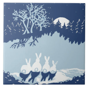Blaue Vintage-Hasen mit Mond, Sternennachtwald Fliese