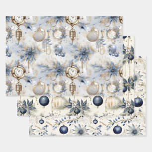 Blaue Vintage-inspirierte Weihnachtsblumen Geschenkpapier Set