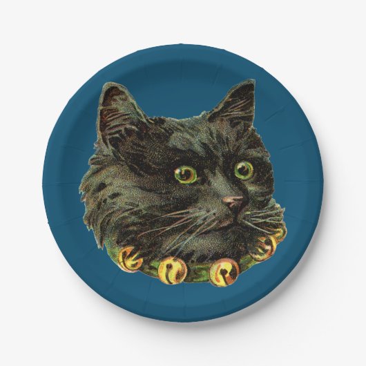 Blaue Vintage Katze mit Glocken-Papierplatte Pappteller (Vorderseite)