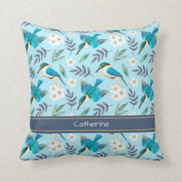 Blaue Vintage Kingfisher Vogelarten Muster Name Kissen