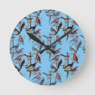 Blaue Vintage-Kunst-Vögel Muster-Accessoires LeahG Runde Wanduhr
