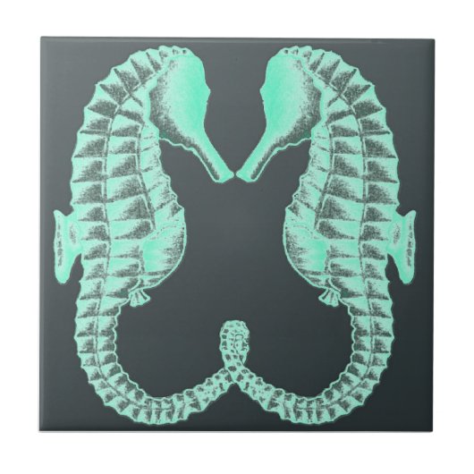 Blaue Vintage küssende Seepferde Fliese (Vorderseite)