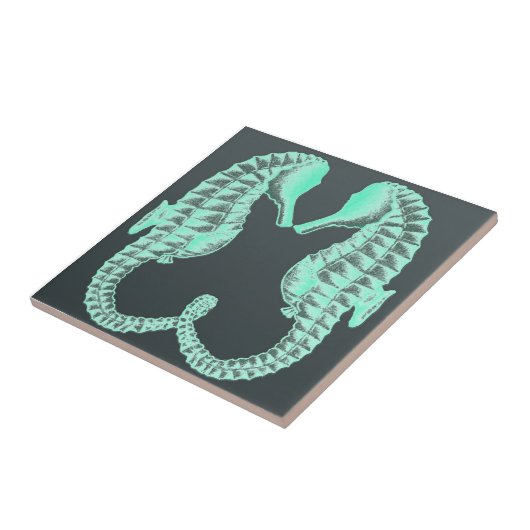 Blaue Vintage küssende Seepferde Fliese (Seite)