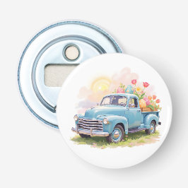 Blaue Vintage-Lieferwagen mit Ostereiern & Tulpen Flaschenöffner
