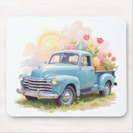 Blaue Vintage-Lieferwagen mit Ostereiern & Tulpen Mousepad