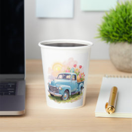 Blaue Vintage-Lieferwagen mit Ostereiern & Tulpen Pappbecher
