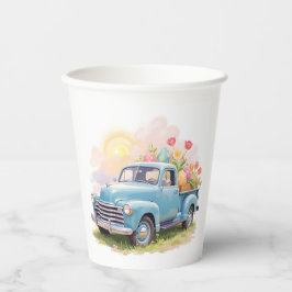 Blaue Vintage-Lieferwagen mit Ostereiern & Tulpen Pappbecher