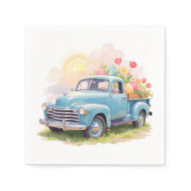 Blaue Vintage-Lieferwagen mit Ostereiern & Tulpen
