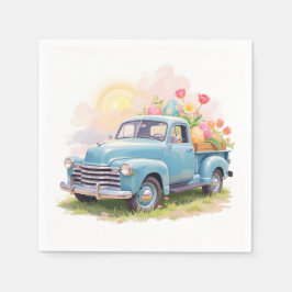 Blaue Vintage-Lieferwagen mit Ostereiern & Tulpen Serviette