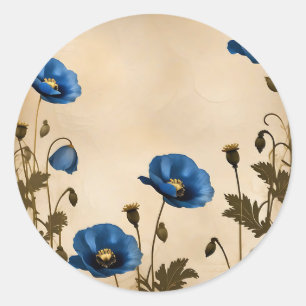 Blaue Vintage-Mohnblume auf altem Pergament Runder Aufkleber