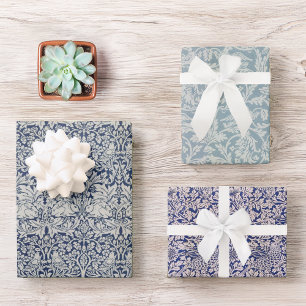 Blaue Vintage Morris Muster Vögel und Kaninchen Geschenkpapier Set