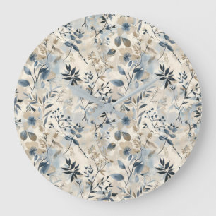 Blaue Vintage-Neutral-Blumen-Wanduhr Große Wanduhr