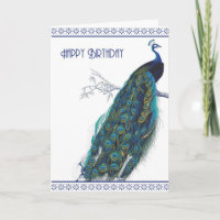 Blaue Vintage-Pfau - Happy Birthday Karte