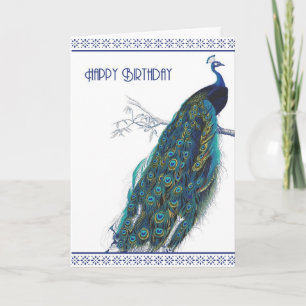 Blaue Vintage-Pfau - Happy Birthday Karte