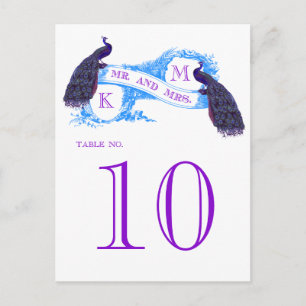 Blaue Vintage-Pfau-Hochzeitstisch-Nummer 8806CE Postkarte