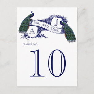 Blaue Vintage-Pfau-Hochzeitstisch-Nummernkarte Postkarte