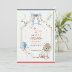 Blaue Vintage-Rahmen-Teddybär-Balloons-Baby-Party Einladung