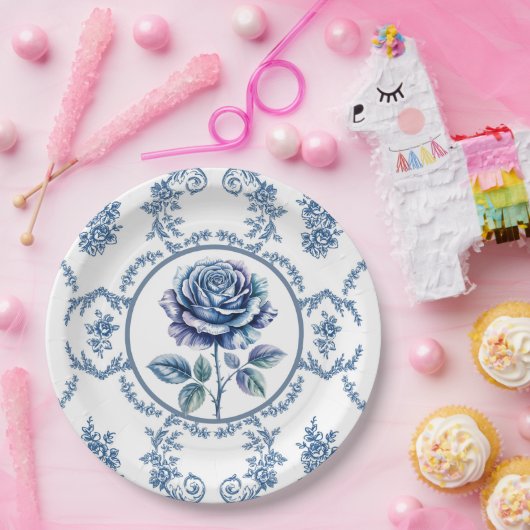 Blaue Vintage-Rose Pappteller (Party)