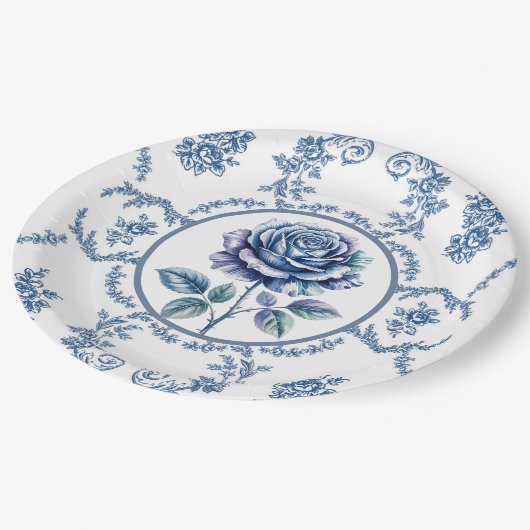Blaue Vintage-Rose Pappteller (Schrägansicht)