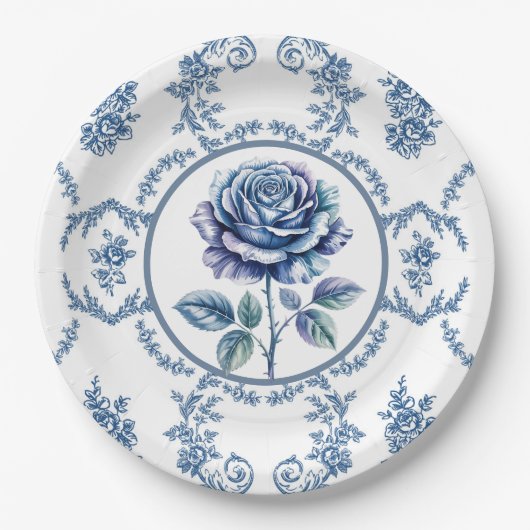 Blaue Vintage-Rose Pappteller (Vorderseite)