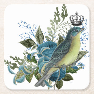 Blaue Vintage-Rose & Vogel Rechteckiger Pappuntersetzer