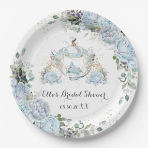 Blaue Vintage-Rosen Prinzessinnen-Kutsche Brautpar Pappteller