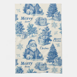 Blaue Vintage-Santa-Weihnachts-Toile-Muster Geschirrtuch