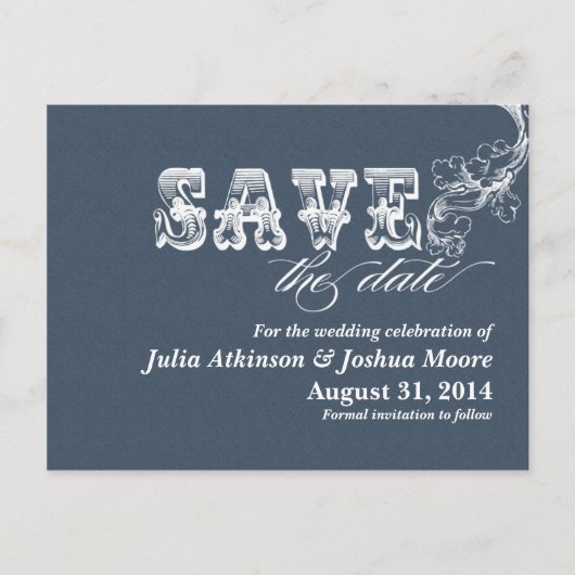 Blaue Vintage Save the Date Postkarten (Vorderseite)