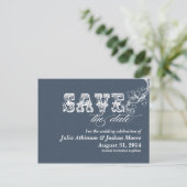 Blaue Vintage Save the Date Postkarten (Stehend Vorderseite)
