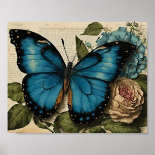 Blaue Vintage-Schmetterling Rosa Rose Blaue Horten Poster