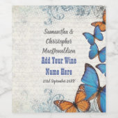Blaue Vintage Schmetterlingshochzeit Weinetikett (Einzelnes Label)