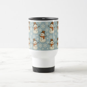 Blaue Vintage-Schneemänner und Schneeflocken Reisebecher