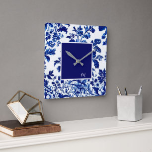 blaue Vintage-Schöne-Gartenblumen Quadratische Wanduhr